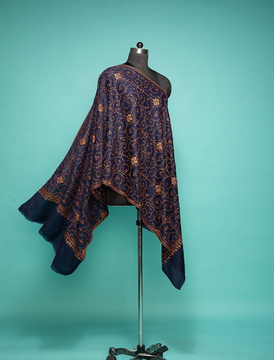 Navy Blue Pure Wool Stole With Hand Embroidered Work