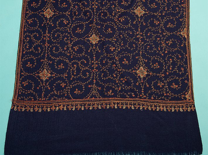 HAND EMBROIDERY ON NAVY BLUE PURE WOOL PLAIN STOLE