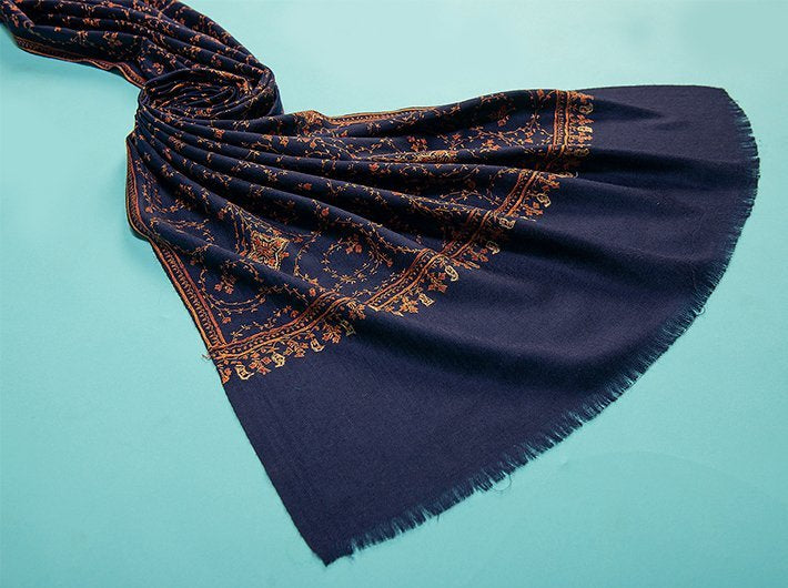 HAND EMBROIDERY ON NAVY BLUE PURE WOOL PLAIN STOLE