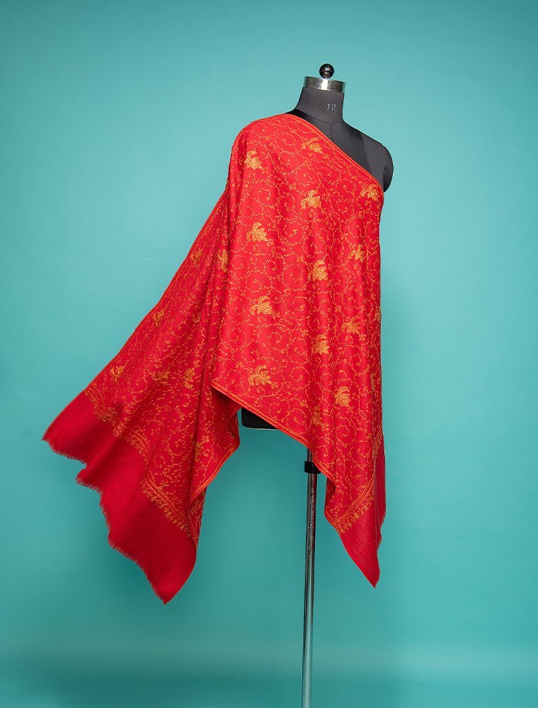 Red Pure Wool Plain Stole With Hand Embroidery Work