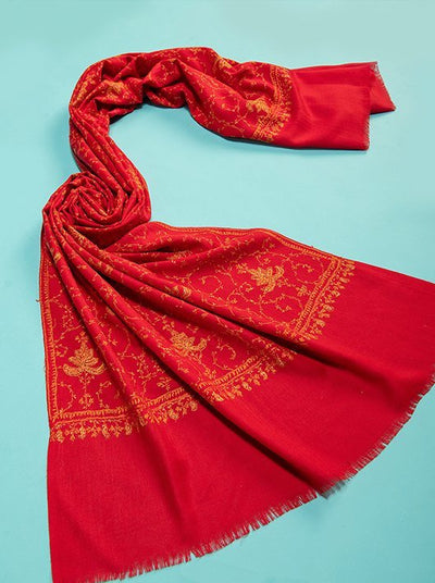 HAND EMBROIDERY ON RED PURE WOOL PLAIN STOLE