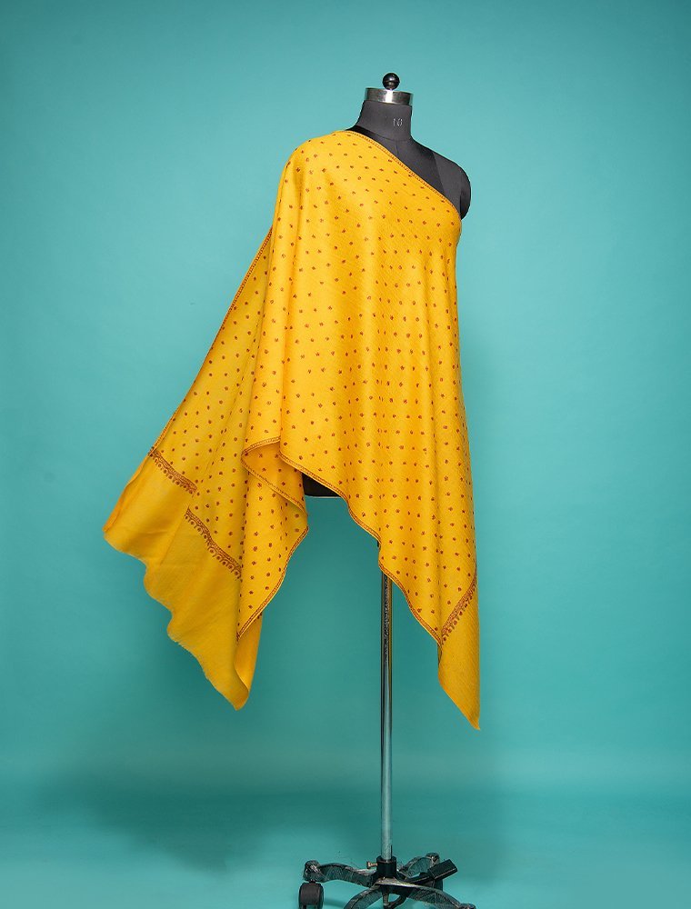 Yellow Plain Woollen Stole With Hand Embroidered Booti Work