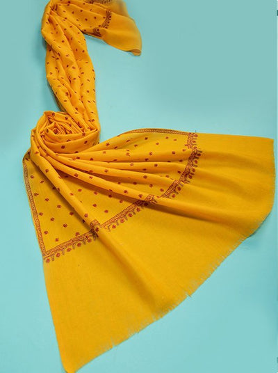 HAND EMBROIDERY BOOTI ON YELLOW PURE WOOL PLAIN STOLE