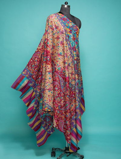 Tehrirkar Embroidery On Multicoloured Pure Wool Screen Printed Shawl