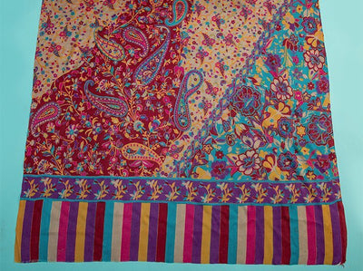 TEHRIRKAR EMBROIDERY ON MULTICOLOURED PURE WOOL SCREEN PRINTED SHAWL