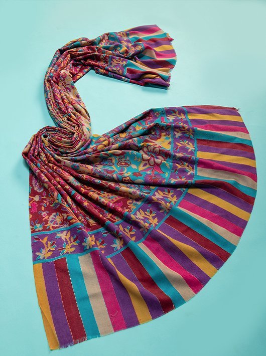 TEHRIRKAR EMBROIDERY ON MULTICOLOURED PURE WOOL SCREEN PRINTED SHAWL