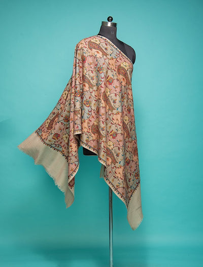 Jama On Fawn Pure Wool Stole With Multi- Head Embroidery Work