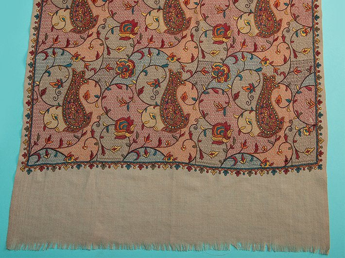 MULTI HEAD EMBROIDERY JAMA ON  FAWN PURE WOOL PLAIN STOLE