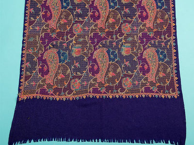 MULTI HEAD EMBROIDERY JAMA ON  INK BLUE PURE WOOL PLAIN STOLE