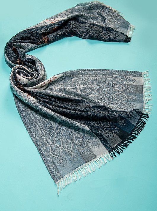 HAND EMBROIDERY ON BLACK, WHITE PURE WOOL JAMAWAR STOLE