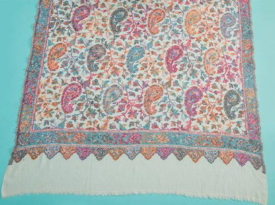 KASHMIRI HAND EMBROIDERY ON WHITE PURE WOOL KANI SHAWL