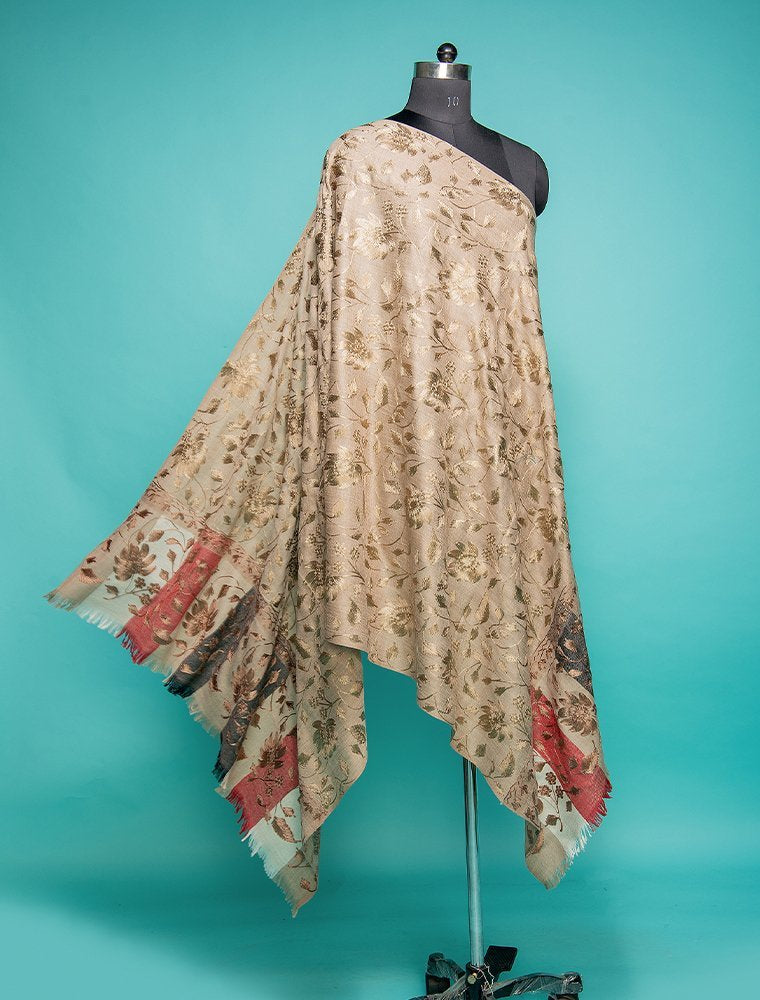 CHAIN STITCH EMBROIDERY ON BEIGE PURE WOOL HANDLOOM SHAWL