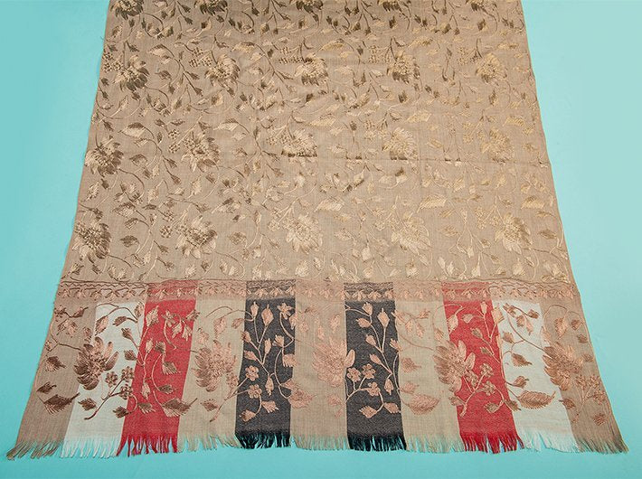 CHAIN STITCH EMBROIDERY ON BEIGE PURE WOOL HANDLOOM SHAWL