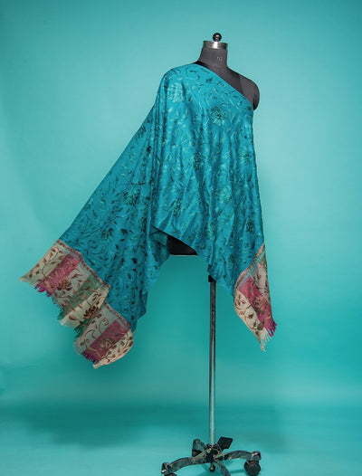 Teal Blue Pure Wool Handloom Stole With Hand-Embroidery