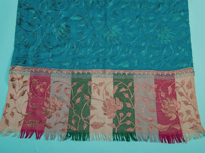 CHAIN STITCH EMBROIDERY ON TEAL BLUE PURE WOOL HANDLOOM STOLE