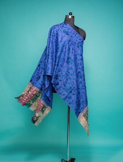 Blue Pure Wool Handloom Stole With Hand Embroidered Work