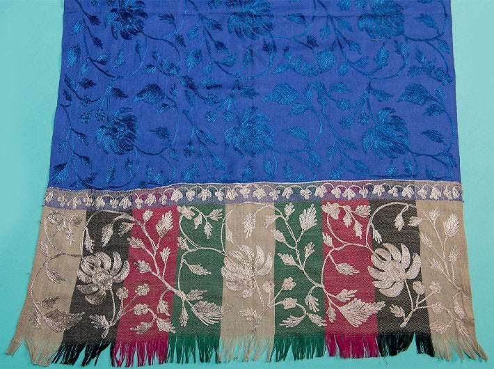 Blue Pure Wool Handloom Stole With Hand Embroidered Work