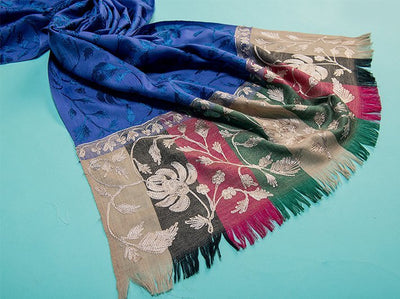 Blue Pure Wool Handloom Stole With Hand Embroidered Work