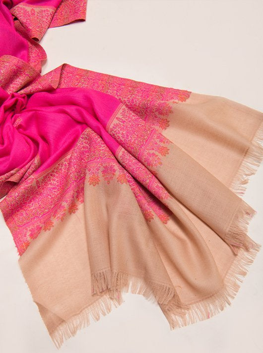 MERINO WOOL CONTRAST PALLA SHAWL WITH INTRICATE BORDER AND BOOTI