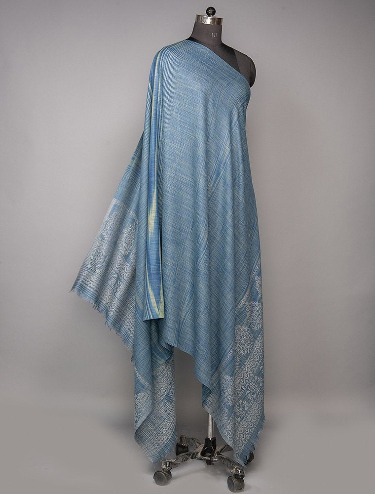 TEAL BLUE IKAT PATTERN SHAWL WOVEN IN EXTRA FINE MERINO WOOL