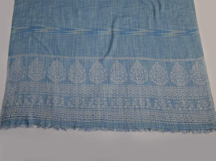 TEAL BLUE IKAT PATTERN SHAWL WOVEN IN EXTRA FINE MERINO WOOL