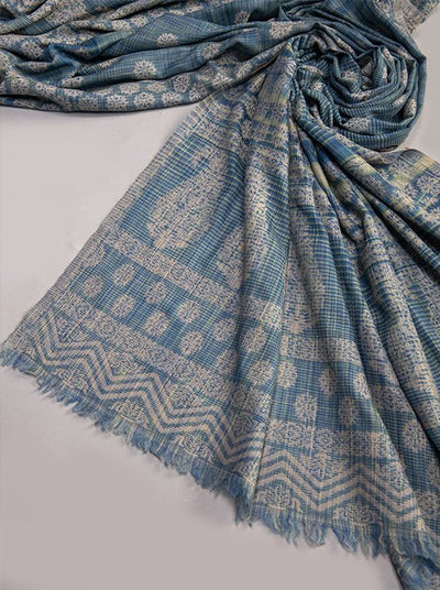 TEAL BLUE IKAT PATTERN SHAWL WOVEN IN SUPER SOFT MERINO WOOL WITH BOOTI DESIGN