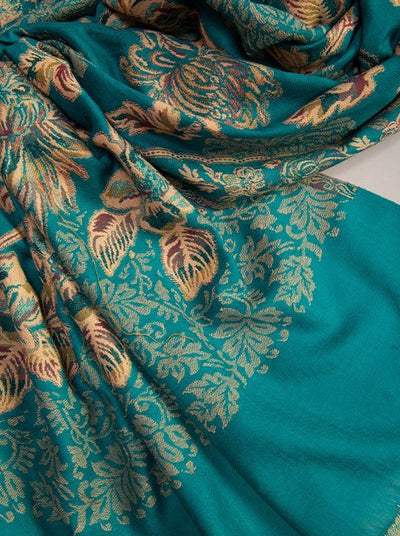 TEAL BLUE JAMAWAR SHAWL IN MERINO WOOL