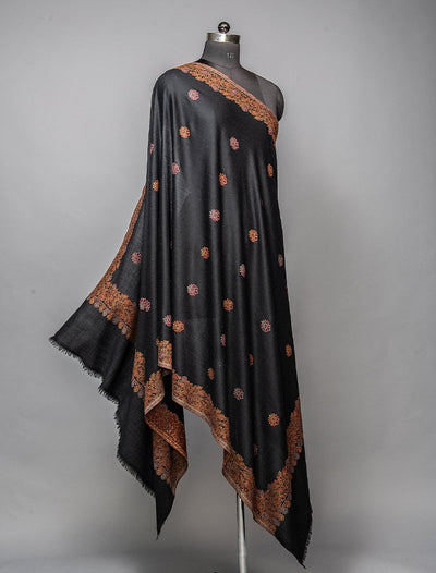 BLACK EXTRA FINE MERINO WOOL KANI SHAWL IN ELEGANT MELANGE STYLE